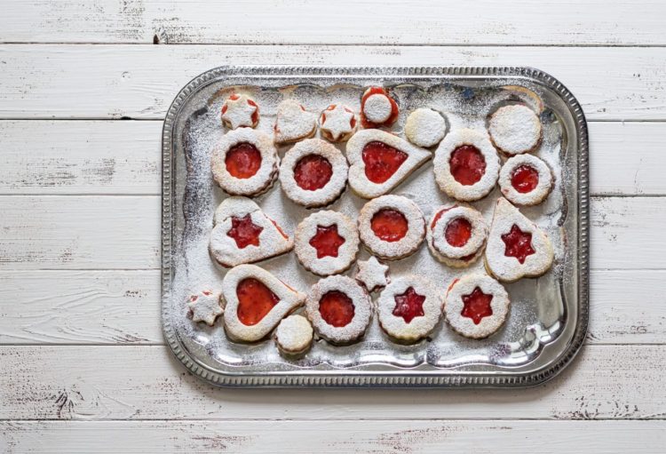 Christmas Cookies with Strawberry Jam on a Silver Platter